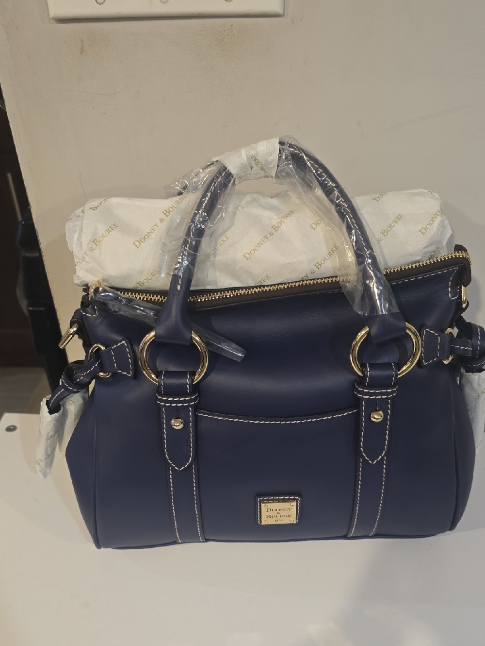 Dooney & Bourke Navy Leather Satchel with Gold Hardware. DARK DEMIN COLOR